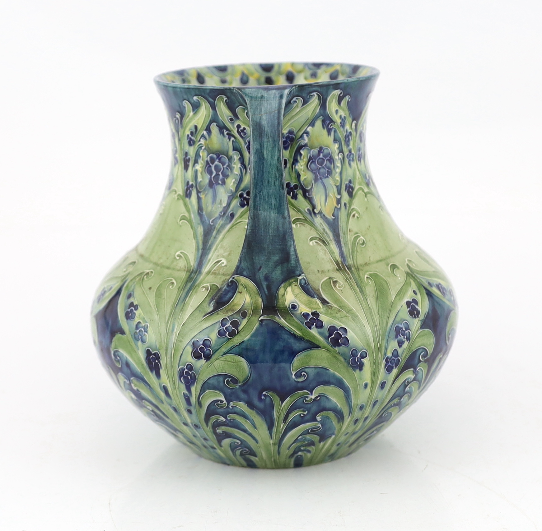 Moorcroft for Liberty & Co., Florian Ware 'Cornflower' two-handled vase, crack to one handle